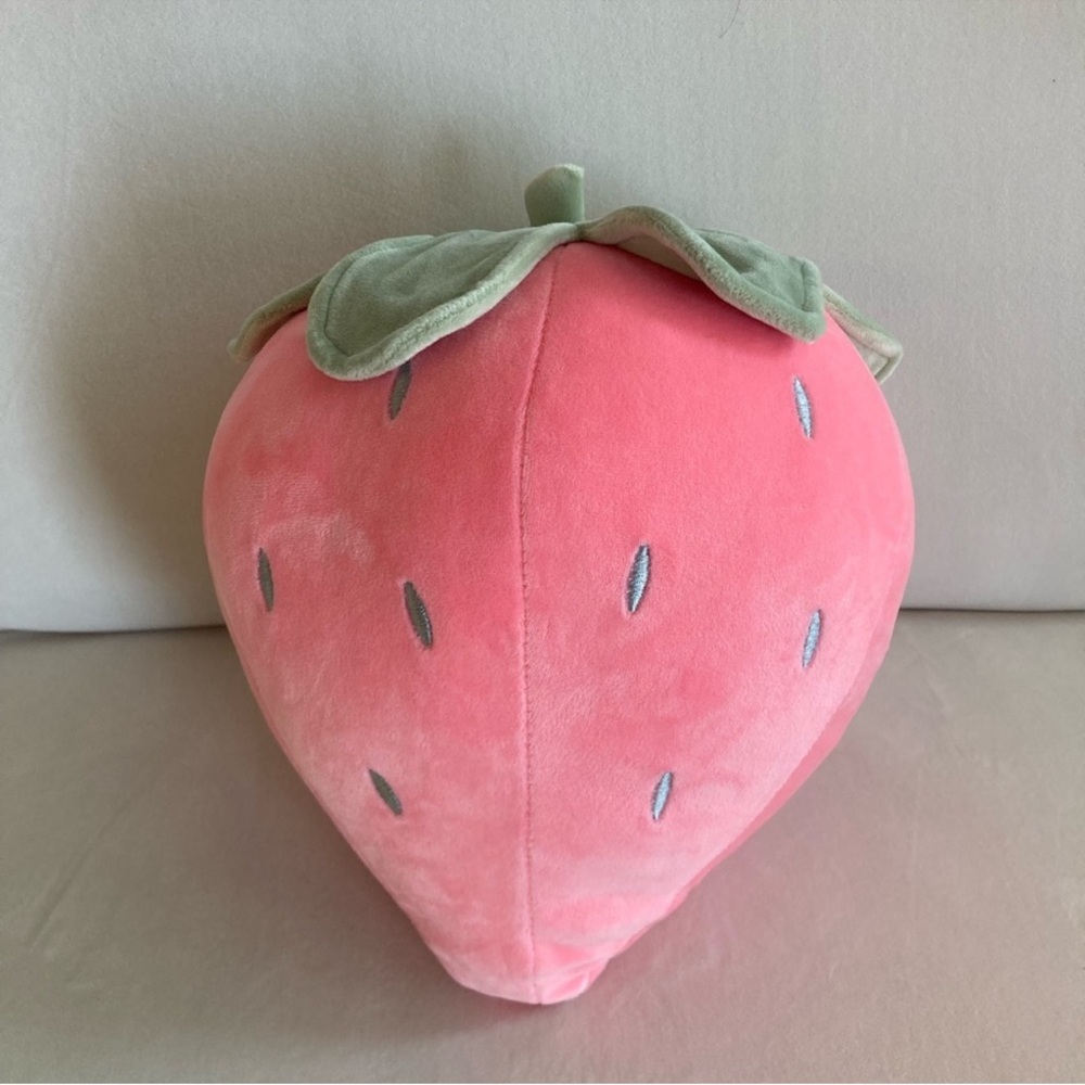 Plush Strawberry Pillow - Pink with Green Leaf Top